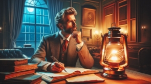 un hombre con un principio rector digno que se refleje en la imagen esta pensativo en una mesa llena