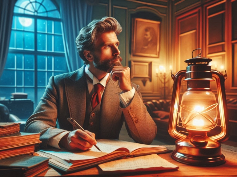 un hombre con un principio rector digno que se refleje en la imagen esta pensativo en una mesa llena