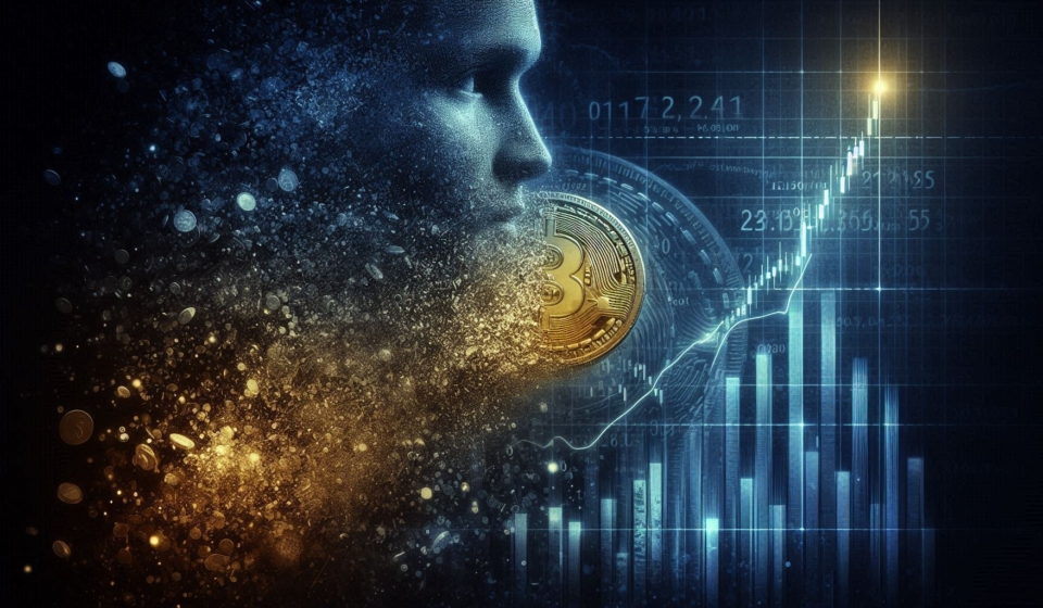 A dramatic and symbolic digital illustration showing a coin slowly disintegrating or fading away int