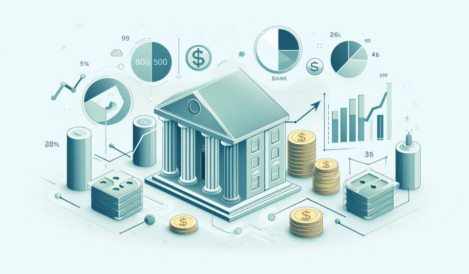 Ilustración elegante y ordenada que representa los conceptos de tipos de interés bancarios, económi