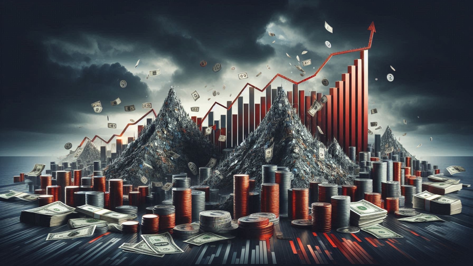 Ilustración conceptual del riesgo de crédito un paisaje financiero con montañas de deuda hechas de (1)