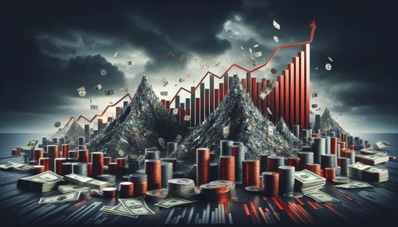 Ilustración conceptual del riesgo de crédito un paisaje financiero con montañas de deuda hechas de (1)