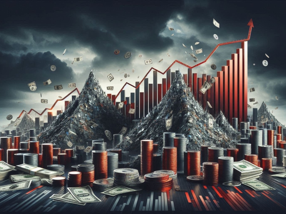 Ilustración conceptual del riesgo de crédito un paisaje financiero con montañas de deuda hechas de (1)