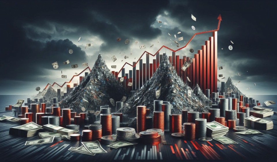 Ilustración conceptual del riesgo de crédito un paisaje financiero con montañas de deuda hechas de (1)